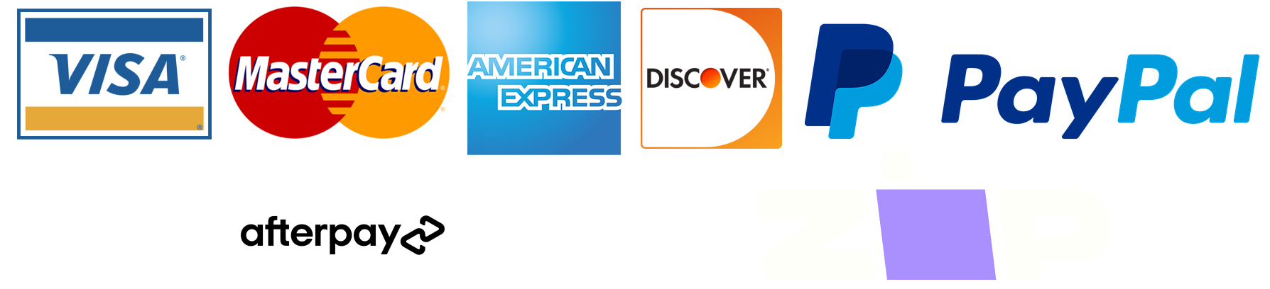 visa, mastercard, american express, discover, paypal, afterpay, zip accepted